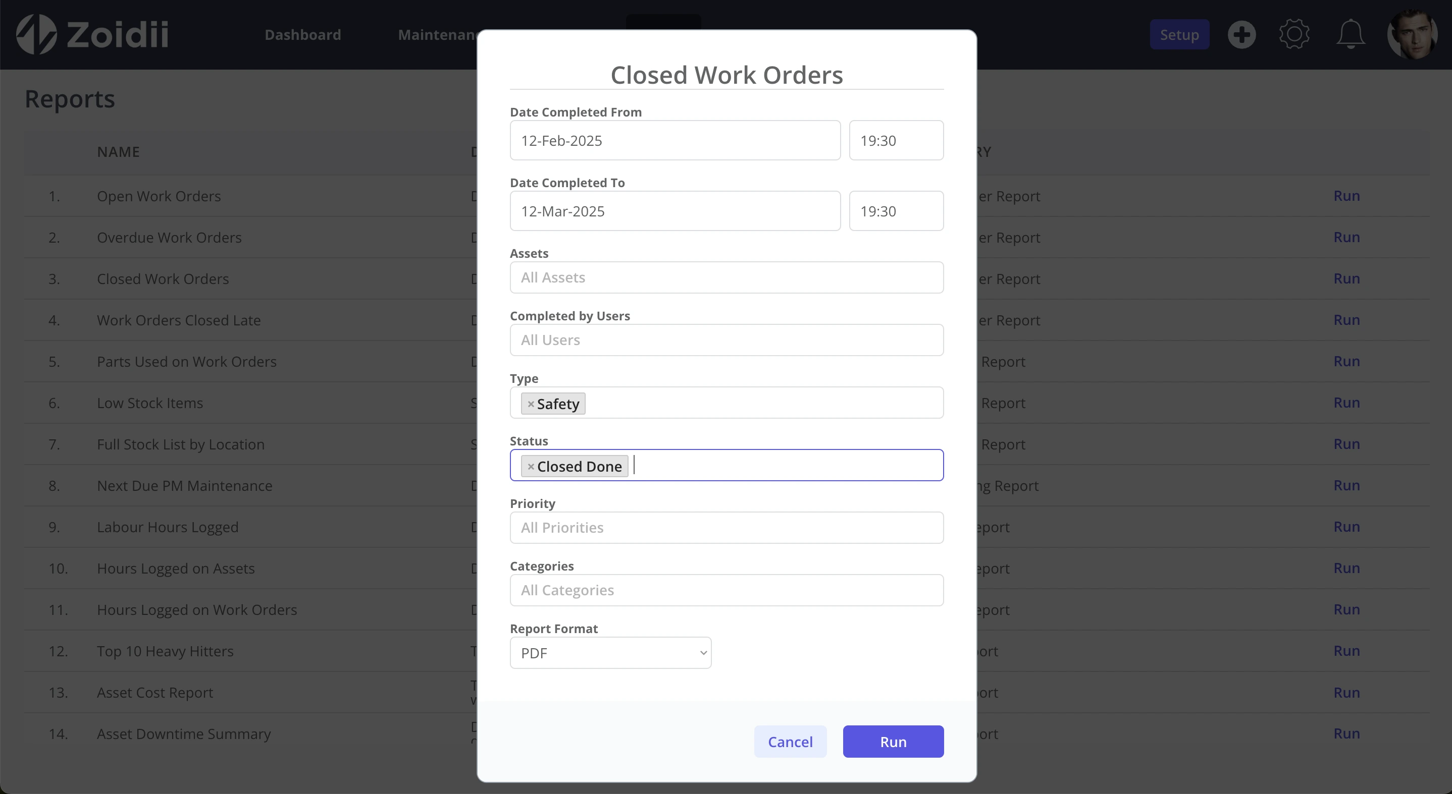 Zoidii Closed Work Order Report