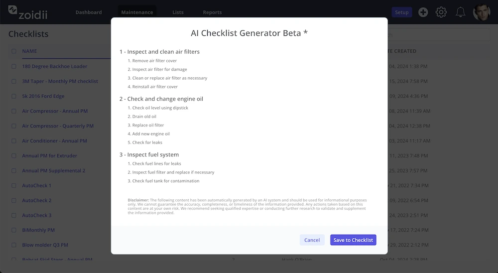 Zoidii Checklist Generator